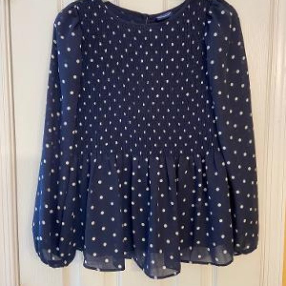 Navy & White Polka Dot Smocked Peplum Blouse